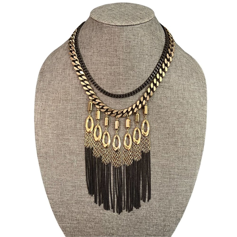 Stella & Dot Lillith Fringe Statement Necklace Mixed Metal Tribal Gold B…
